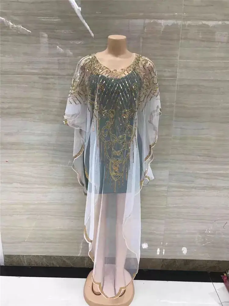 Spring 2024 New African Women's Fashion Gown Chiffon Batwing Sleeve Sequins And Fringes Loose Versatile Dress With Free Size