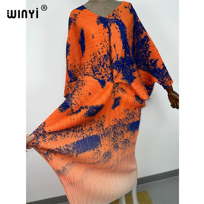 plissado mulher vestido hit cor v colarinho batwing manga longa solta bezerro vestidos de comprimento longo estilo casual 2021
