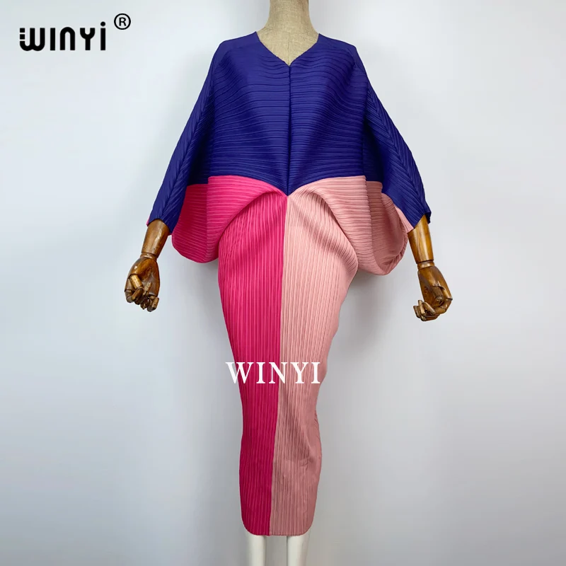 plissado mulher vestido hit cor v colarinho batwing manga longa solta bezerro vestidos de comprimento longo estilo casual 2021