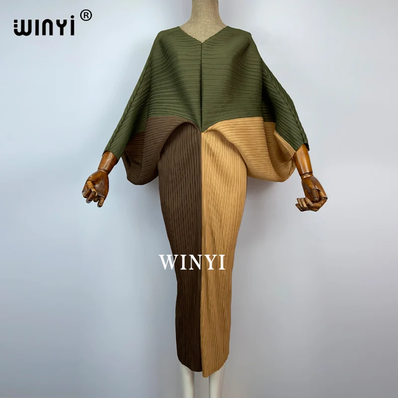 plissado mulher vestido hit cor v colarinho batwing manga longa solta bezerro vestidos de comprimento longo estilo casual 2021