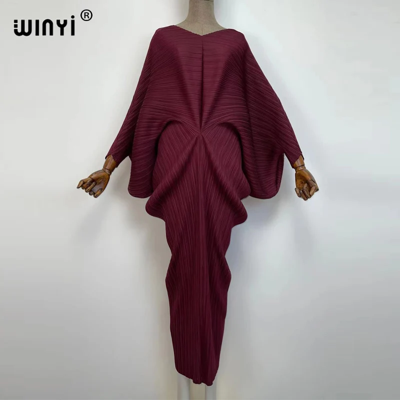 plissado mulher vestido hit cor v colarinho batwing manga longa solta bezerro vestidos de comprimento longo estilo casual 2021