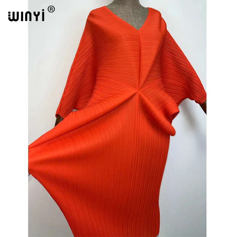 plissado mulher vestido hit cor v colarinho batwing manga longa solta bezerro vestidos de comprimento longo estilo casual 2021