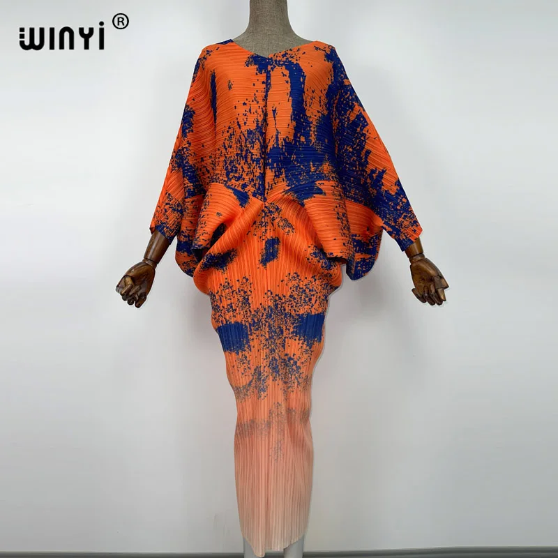 plissado mulher vestido hit cor v colarinho batwing manga longa solta bezerro vestidos de comprimento longo estilo casual 2021
