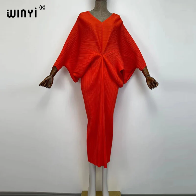 plissado mulher vestido hit cor v colarinho batwing manga longa solta bezerro vestidos de comprimento longo estilo casual 2021