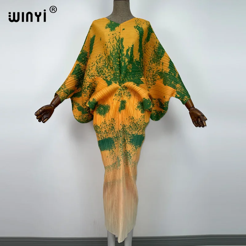 plissado mulher vestido hit cor v colarinho batwing manga longa solta bezerro vestidos de comprimento longo estilo casual 2021