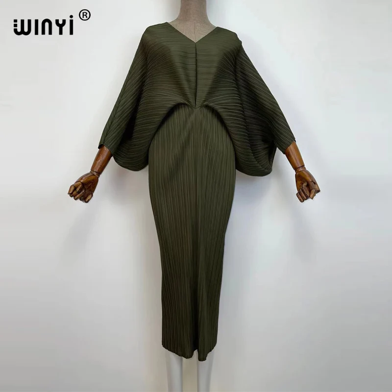 plissado mulher vestido hit cor v colarinho batwing manga longa solta bezerro vestidos de comprimento longo estilo casual 2021
