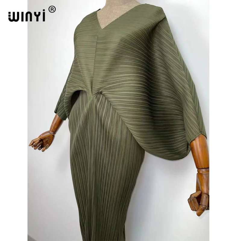 plissado mulher vestido hit cor v colarinho batwing manga longa solta bezerro vestidos de comprimento longo estilo casual 2021