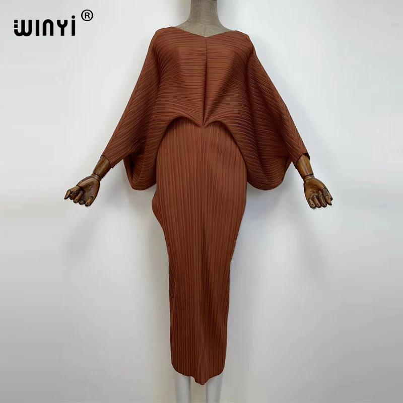 plissado mulher vestido hit cor v colarinho batwing manga longa solta bezerro vestidos de comprimento longo estilo casual 2021
