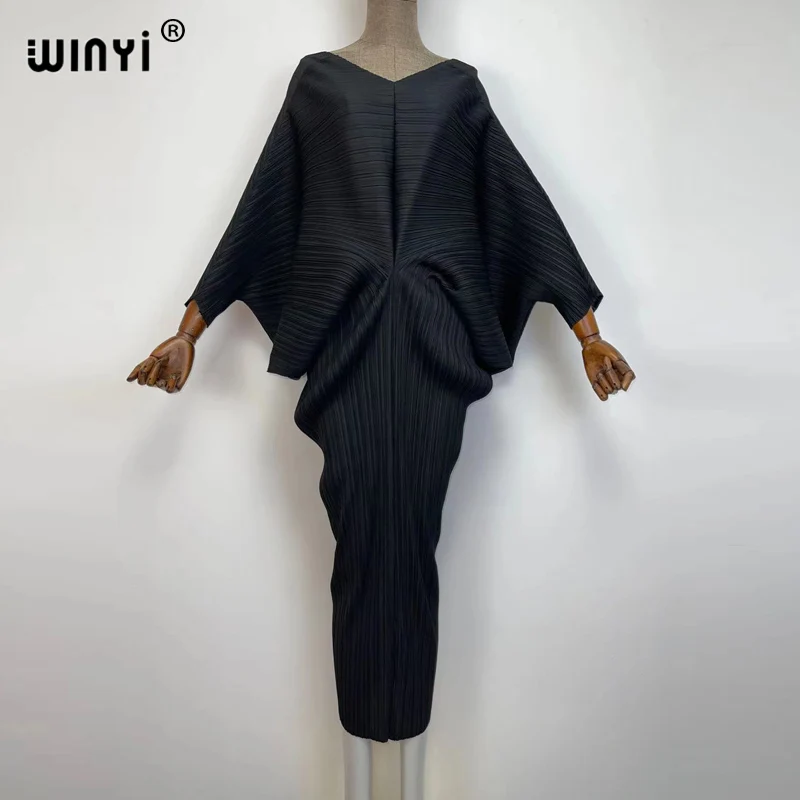 plissado mulher vestido hit cor v colarinho batwing manga longa solta bezerro vestidos de comprimento longo estilo casual 2021