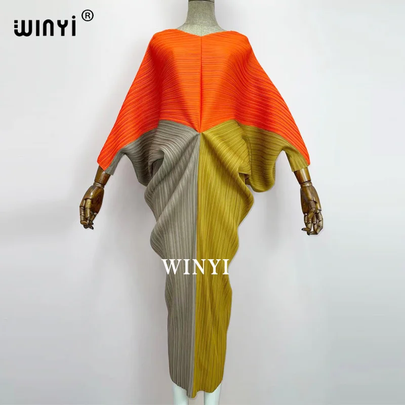 plissado mulher vestido hit cor v colarinho batwing manga longa solta bezerro vestidos de comprimento longo estilo casual 2021