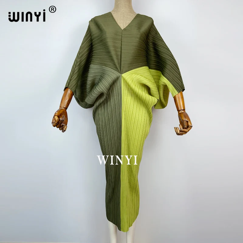 plissado mulher vestido hit cor v colarinho batwing manga longa solta bezerro vestidos de comprimento longo estilo casual 2021
