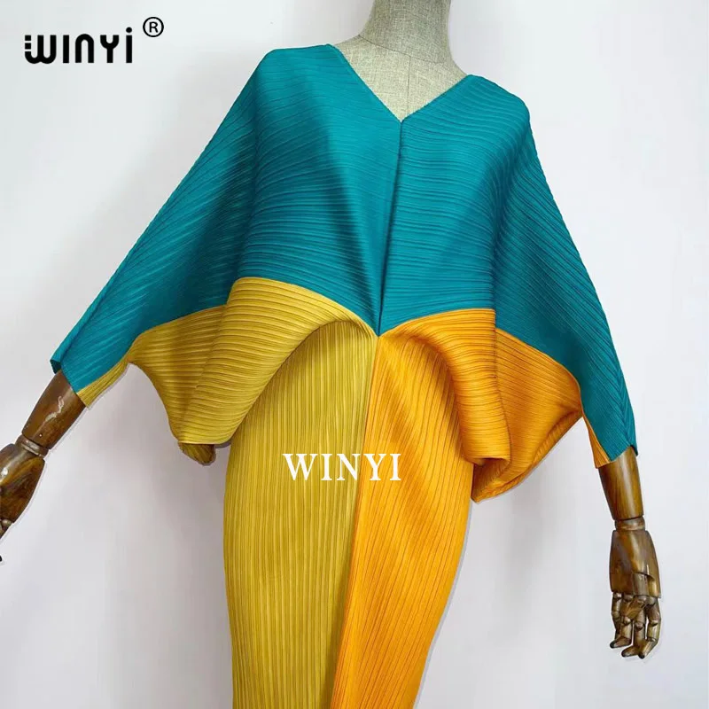 plissado mulher vestido hit cor v colarinho batwing manga longa solta bezerro vestidos de comprimento longo estilo casual 2021