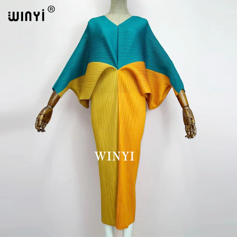 plissado mulher vestido hit cor v colarinho batwing manga longa solta bezerro vestidos de comprimento longo estilo casual 2021