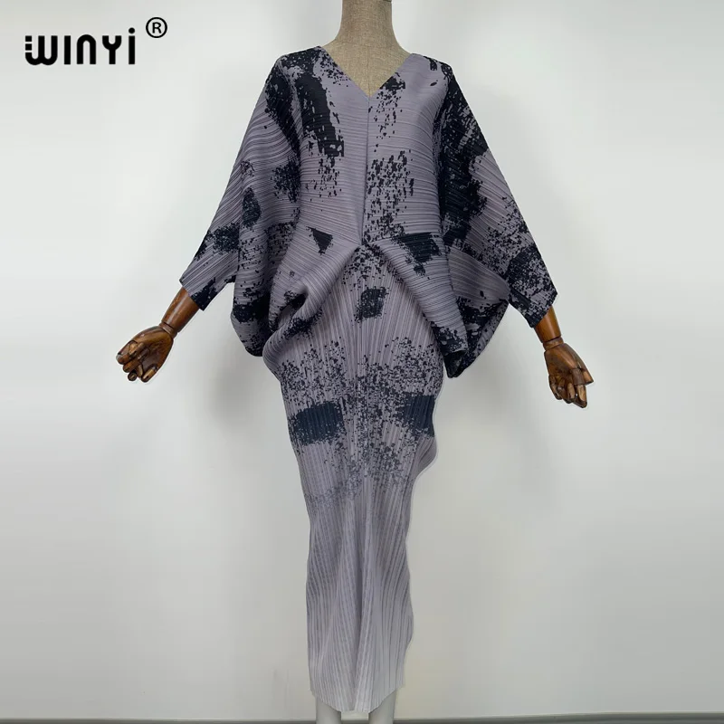 plissado mulher vestido hit cor v colarinho batwing manga longa solta bezerro vestidos de comprimento longo estilo casual 2021