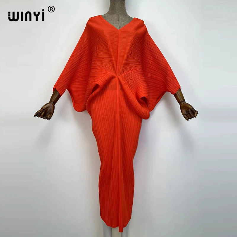 plissado mulher vestido hit cor v colarinho batwing manga longa solta bezerro vestidos de comprimento longo estilo casual 2021