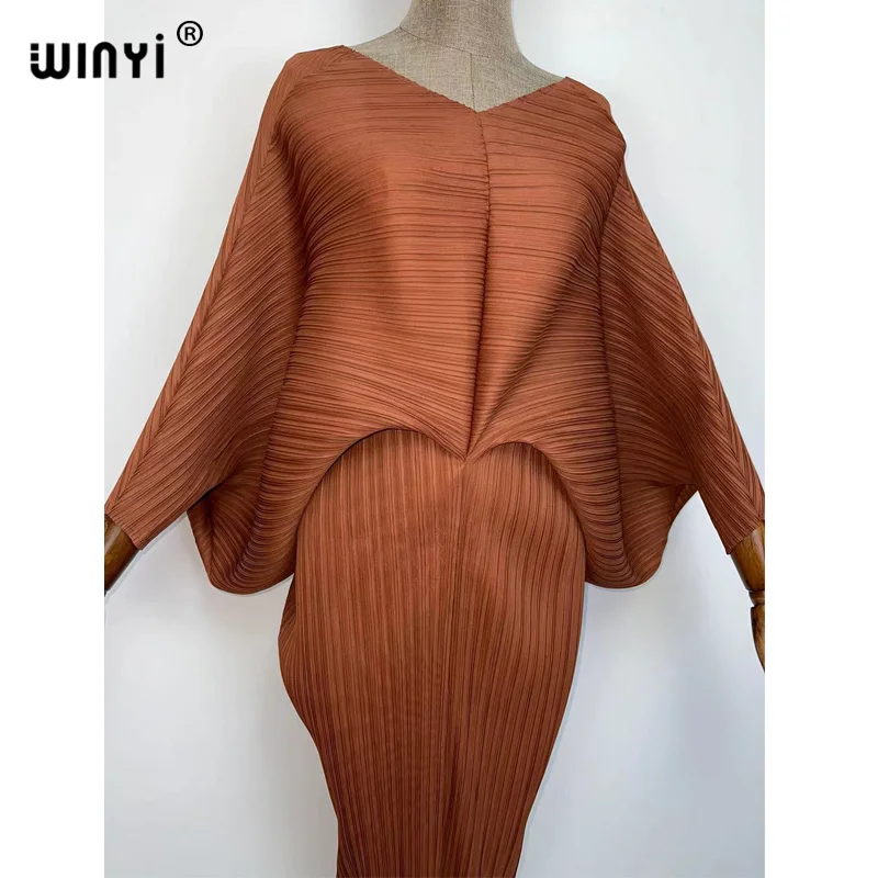 plissado mulher vestido hit cor v colarinho batwing manga longa solta bezerro vestidos de comprimento longo estilo casual 2021