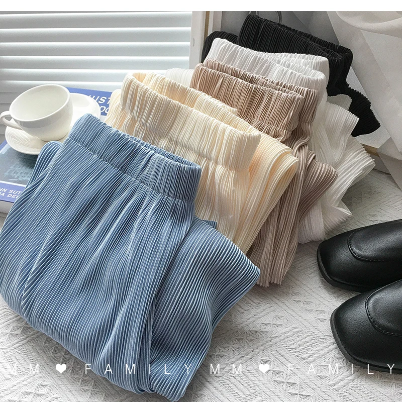 Women Wide Leg Pants High Waist Casual Chiffon Ice Silk Long Pants Bohemian Pleated Trousers Plus Size Women Clothing