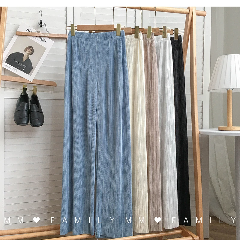 Women Wide Leg Pants High Waist Casual Chiffon Ice Silk Long Pants Bohemian Pleated Trousers Plus Size Women Clothing