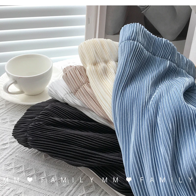 Women Wide Leg Pants High Waist Casual Chiffon Ice Silk Long Pants Bohemian Pleated Trousers Plus Size Women Clothing