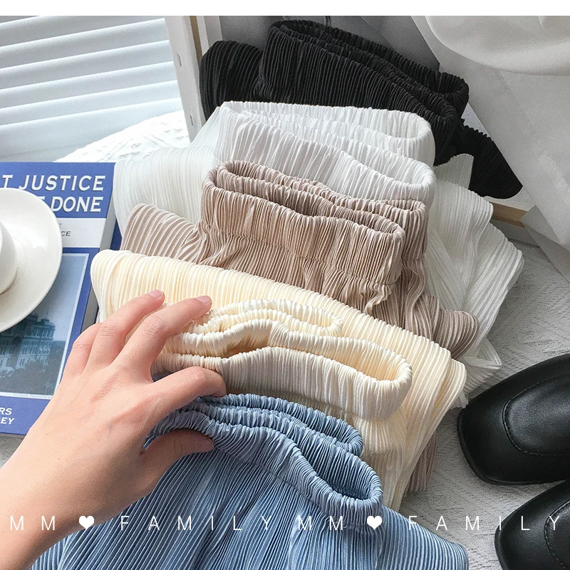 Women Wide Leg Pants High Waist Casual Chiffon Ice Silk Long Pants Bohemian Pleated Trousers Plus Size Women Clothing