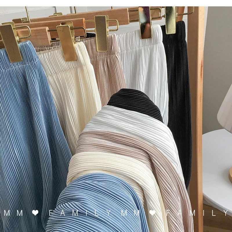 Women Wide Leg Pants High Waist Casual Chiffon Ice Silk Long Pants Bohemian Pleated Trousers Plus Size Women Clothing