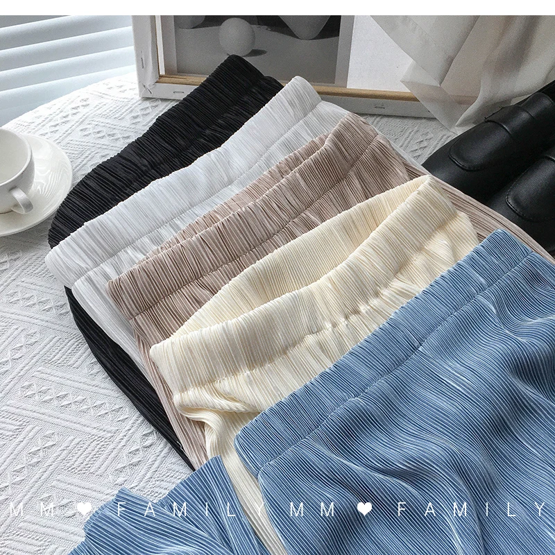 Women Wide Leg Pants High Waist Casual Chiffon Ice Silk Long Pants Bohemian Pleated Trousers Plus Size Women Clothing
