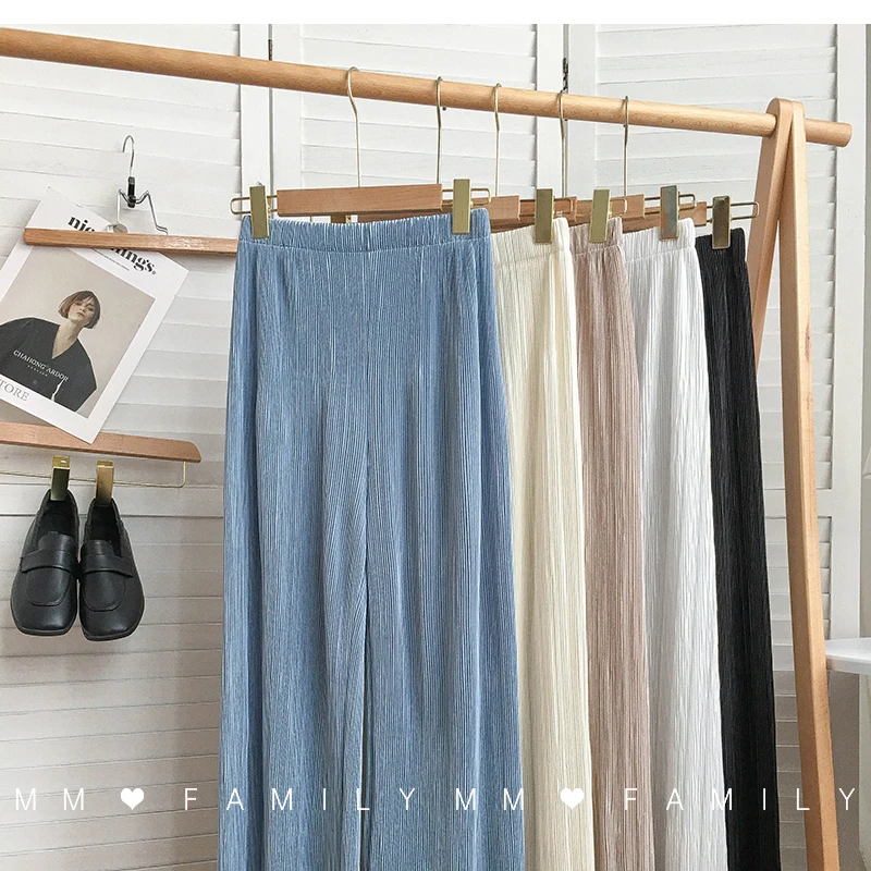 Women Wide Leg Pants High Waist Casual Chiffon Ice Silk Long Pants Bohemian Pleated Trousers Plus Size Women Clothing