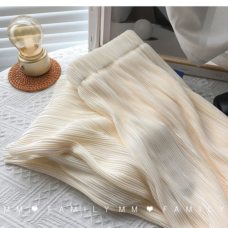 Women Wide Leg Pants High Waist Casual Chiffon Ice Silk Long Pants Bohemian Pleated Trousers Plus Size Women Clothing