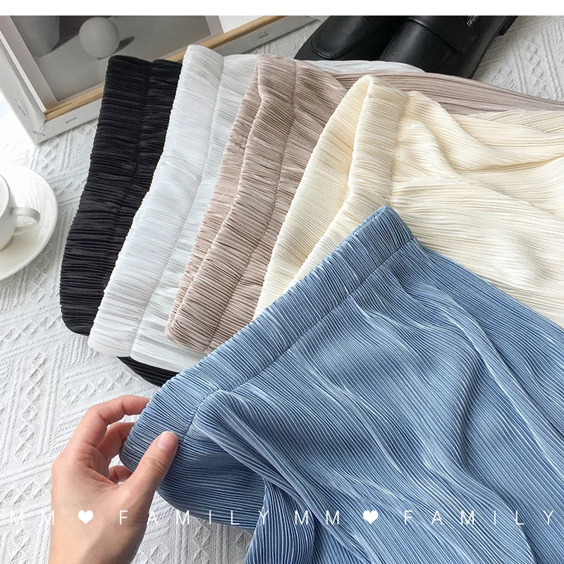 Women Wide Leg Pants High Waist Casual Chiffon Ice Silk Long Pants Bohemian Pleated Trousers Plus Size Women Clothing