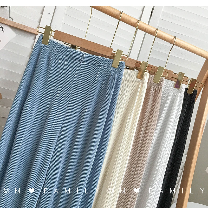 Women Wide Leg Pants High Waist Casual Chiffon Ice Silk Long Pants Bohemian Pleated Trousers Plus Size Women Clothing