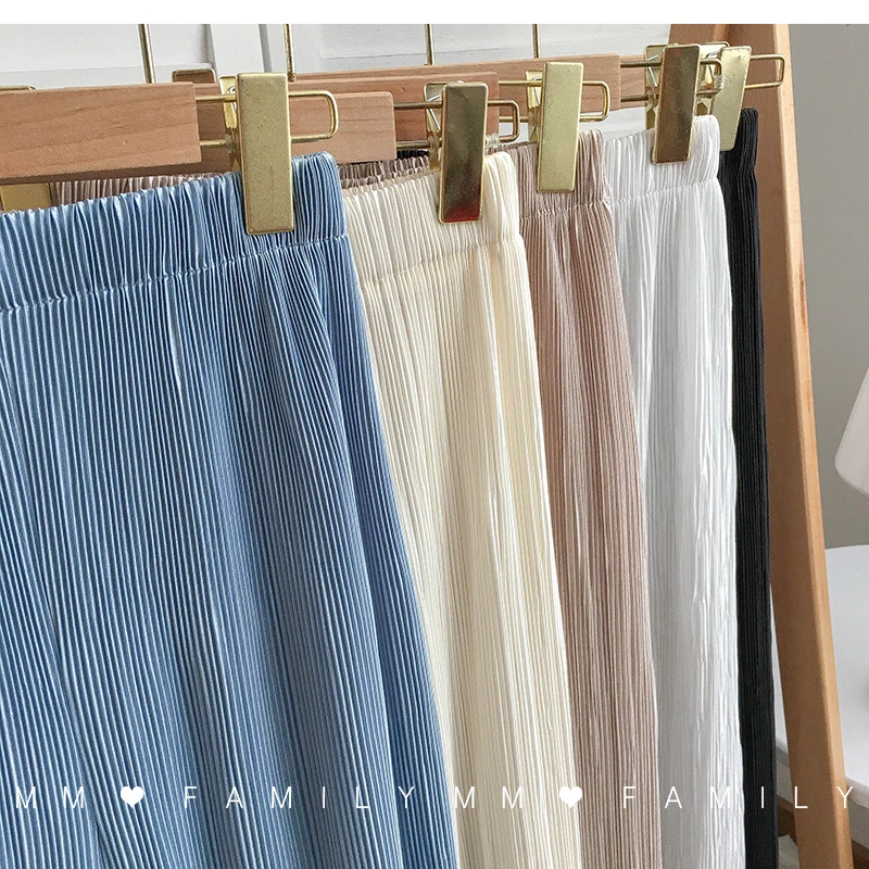 Women Wide Leg Pants High Waist Casual Chiffon Ice Silk Long Pants Bohemian Pleated Trousers Plus Size Women Clothing