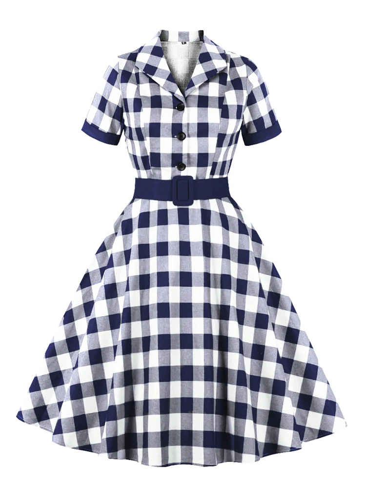 Tonval Women Cotton Rockabilly Vintage Belt Dress Turn-Down Collar Short Sleeve A-Line Summer Dresses Solid and Plaid