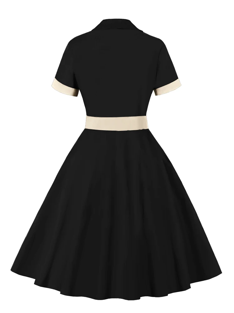 Tonval Women Cotton Rockabilly Vintage Belt Dress Turn-Down Collar Short Sleeve A-Line Summer Dresses Solid and Plaid