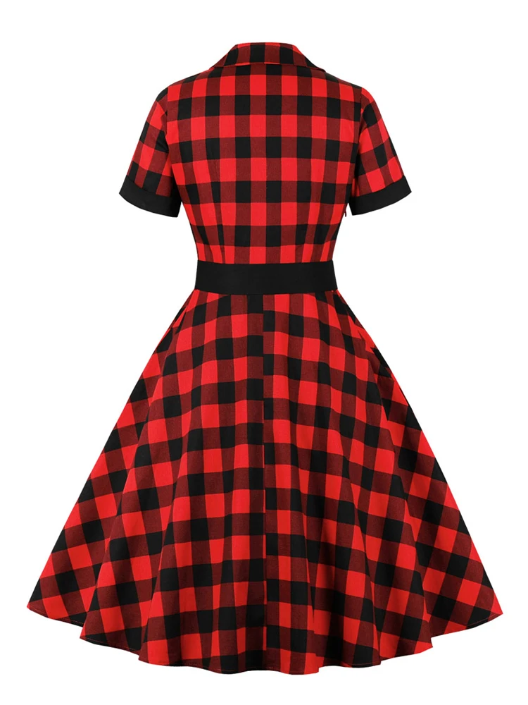 Tonval Women Cotton Rockabilly Vintage Belt Dress Turn-Down Collar Short Sleeve A-Line Summer Dresses Solid and Plaid