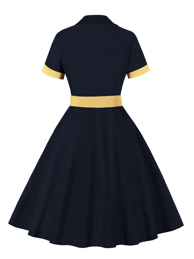 Tonval Women Cotton Rockabilly Vintage Belt Dress Turn-Down Collar Short Sleeve A-Line Summer Dresses Solid and Plaid