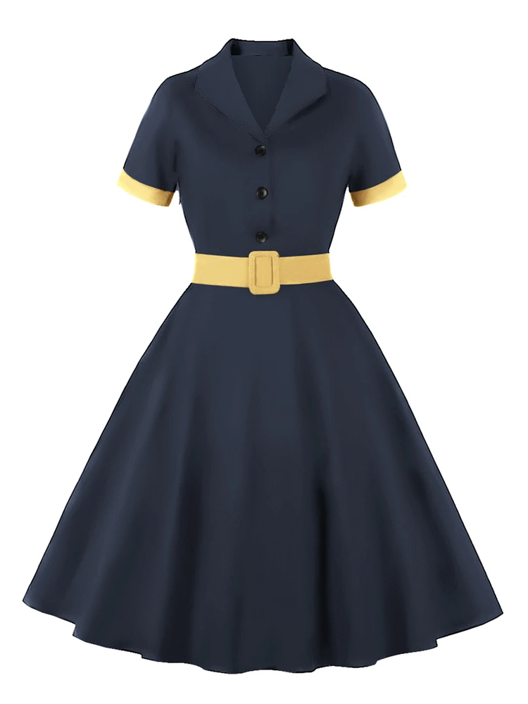 Tonval Women Cotton Rockabilly Vintage Belt Dress Turn-Down Collar Short Sleeve A-Line Summer Dresses Solid and Plaid