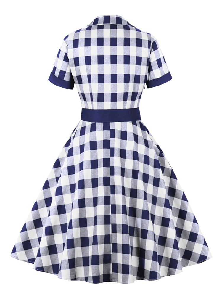 Tonval Women Cotton Rockabilly Vintage Belt Dress Turn-Down Collar Short Sleeve A-Line Summer Dresses Solid and Plaid