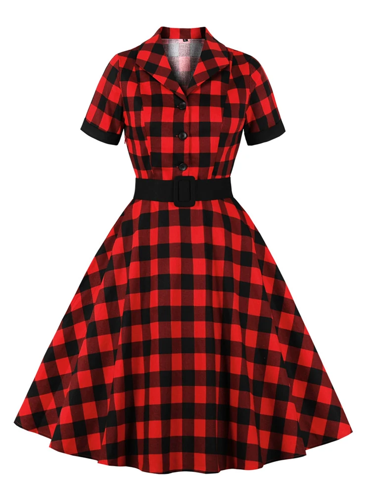 Tonval Women Cotton Rockabilly Vintage Belt Dress Turn-Down Collar Short Sleeve A-Line Summer Dresses Solid and Plaid