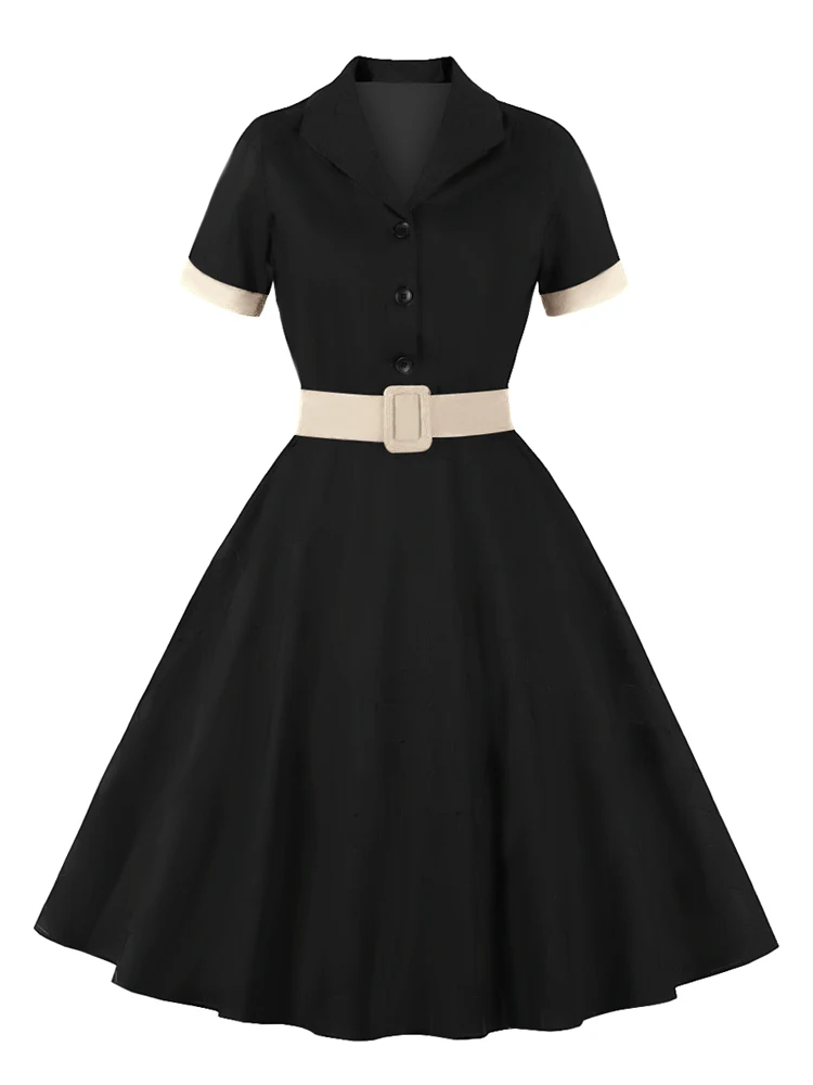 Tonval Women Cotton Rockabilly Vintage Belt Dress Turn-Down Collar Short Sleeve A-Line Summer Dresses Solid and Plaid