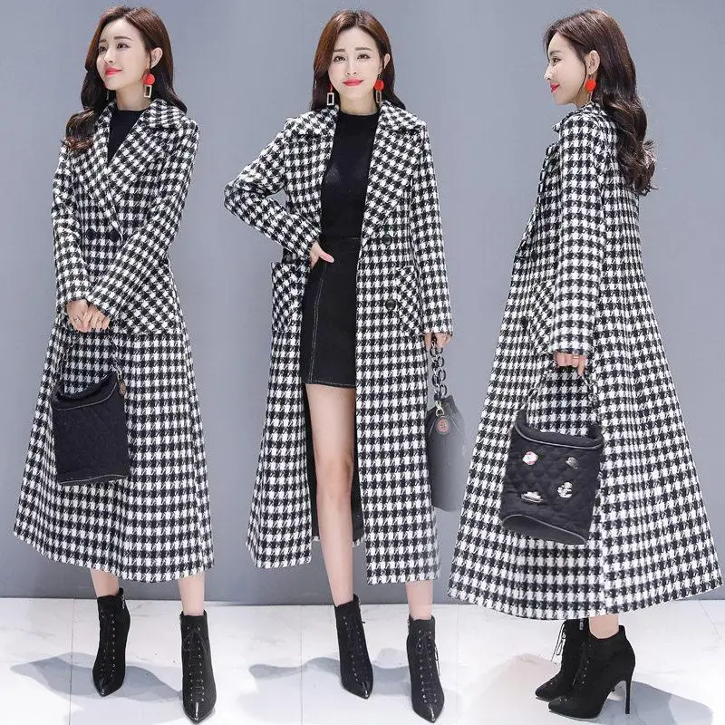 2026 Fashion Spring Plaid Woolen Jacket Ladies Clothing Elegant Slim Temperament Long Outwear Windproof Women Windbreaker Coats