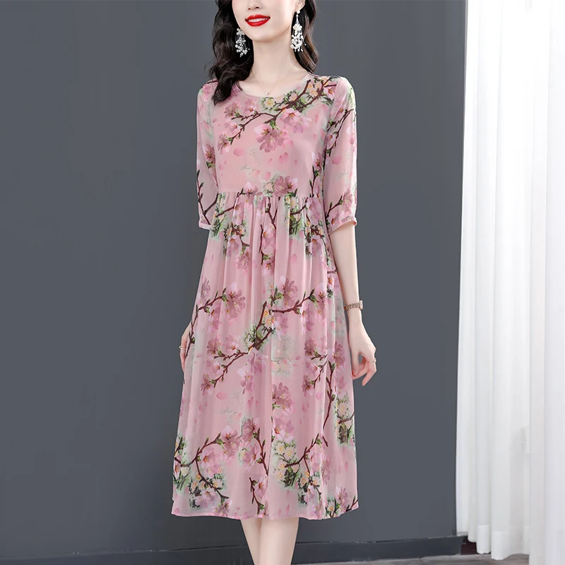 Women Pink Floral Mulberry Silk Midi Dress Summer New Elegant Loose Waist Plus Size Dress 2024 Korean Vintage Casual Party Dress