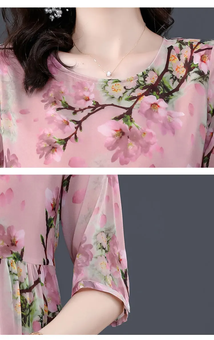 Women Pink Floral Mulberry Silk Midi Dress Summer New Elegant Loose Waist Plus Size Dress 2024 Korean Vintage Casual Party Dress