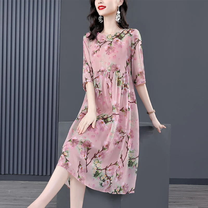 Women Pink Floral Mulberry Silk Midi Dress Summer New Elegant Loose Waist Plus Size Dress 2024 Korean Vintage Casual Party Dress