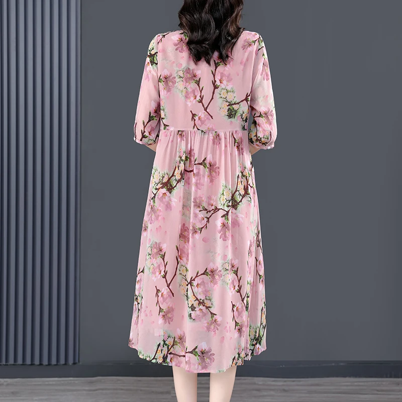 Women Pink Floral Mulberry Silk Midi Dress Summer New Elegant Loose Waist Plus Size Dress 2024 Korean Vintage Casual Party Dress