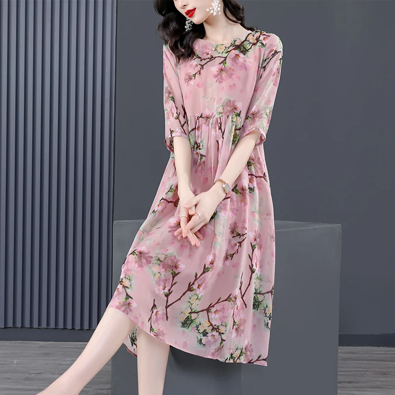 Women Pink Floral Mulberry Silk Midi Dress Summer New Elegant Loose Waist Plus Size Dress 2024 Korean Vintage Casual Party Dress