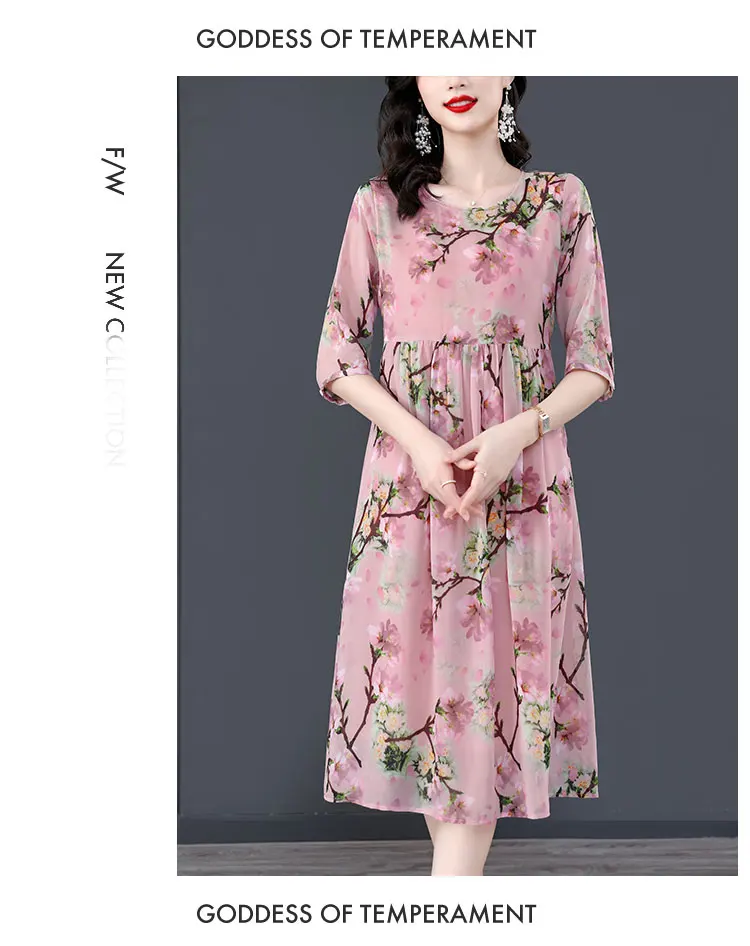 Women Pink Floral Mulberry Silk Midi Dress Summer New Elegant Loose Waist Plus Size Dress 2024 Korean Vintage Casual Party Dress