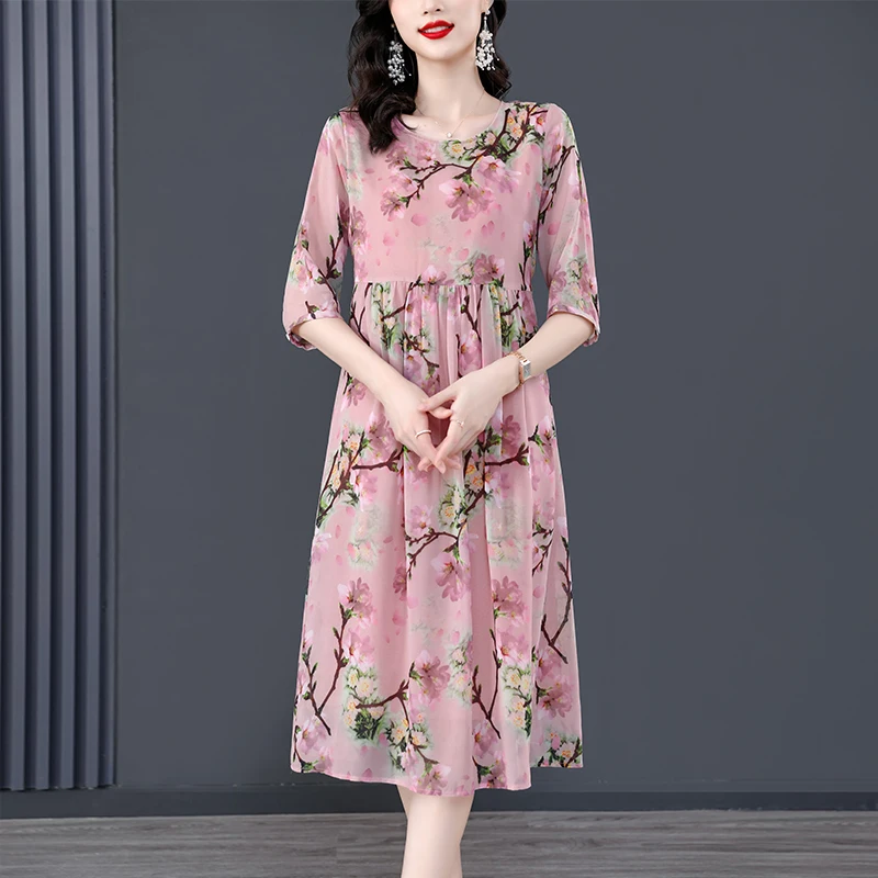 Women Pink Floral Mulberry Silk Midi Dress Summer New Elegant Loose Waist Plus Size Dress 2024 Korean Vintage Casual Party Dress