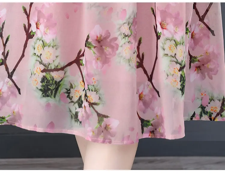 Women Pink Floral Mulberry Silk Midi Dress Summer New Elegant Loose Waist Plus Size Dress 2024 Korean Vintage Casual Party Dress