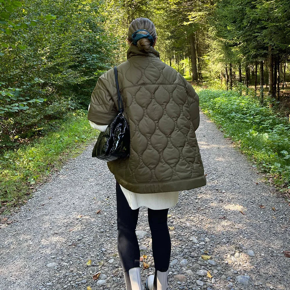 XEASY Women Jacket Capes And Poncho Autumn Woman Clothes Solid Quilted Coats Zippers Cardigan For Women Casual Oversized Jacket