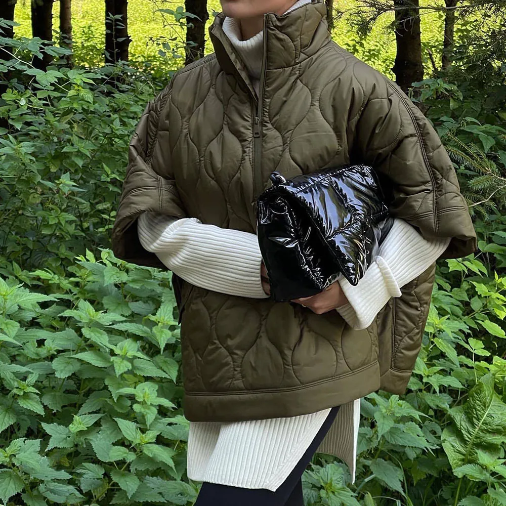 XEASY Women Jacket Capes And Poncho Autumn Woman Clothes Solid Quilted Coats Zippers Cardigan For Women Casual Oversized Jacket